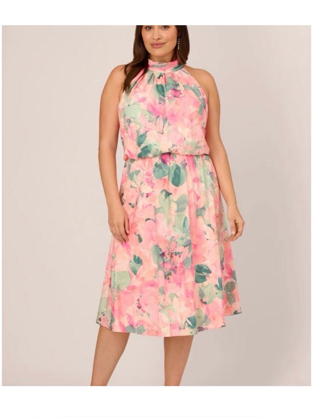 Adrianna Papell Floral Print Chiffon Halter Mock Neck Dress Blush Multi, 22 NWT